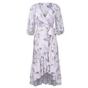 Prose & Poetry Faux Wrap Midi Dress Purple Floral Asymmetric Ruffle‎ Hem V-Neck